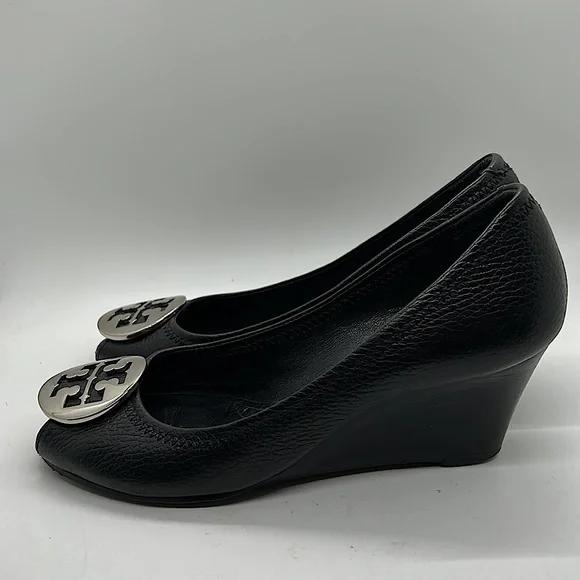 Tory Burch Sexy Black Leather Peep Toe Wedge Heels Shoes **Size 6.5** 🔥🔥 - Picture 6 of 10